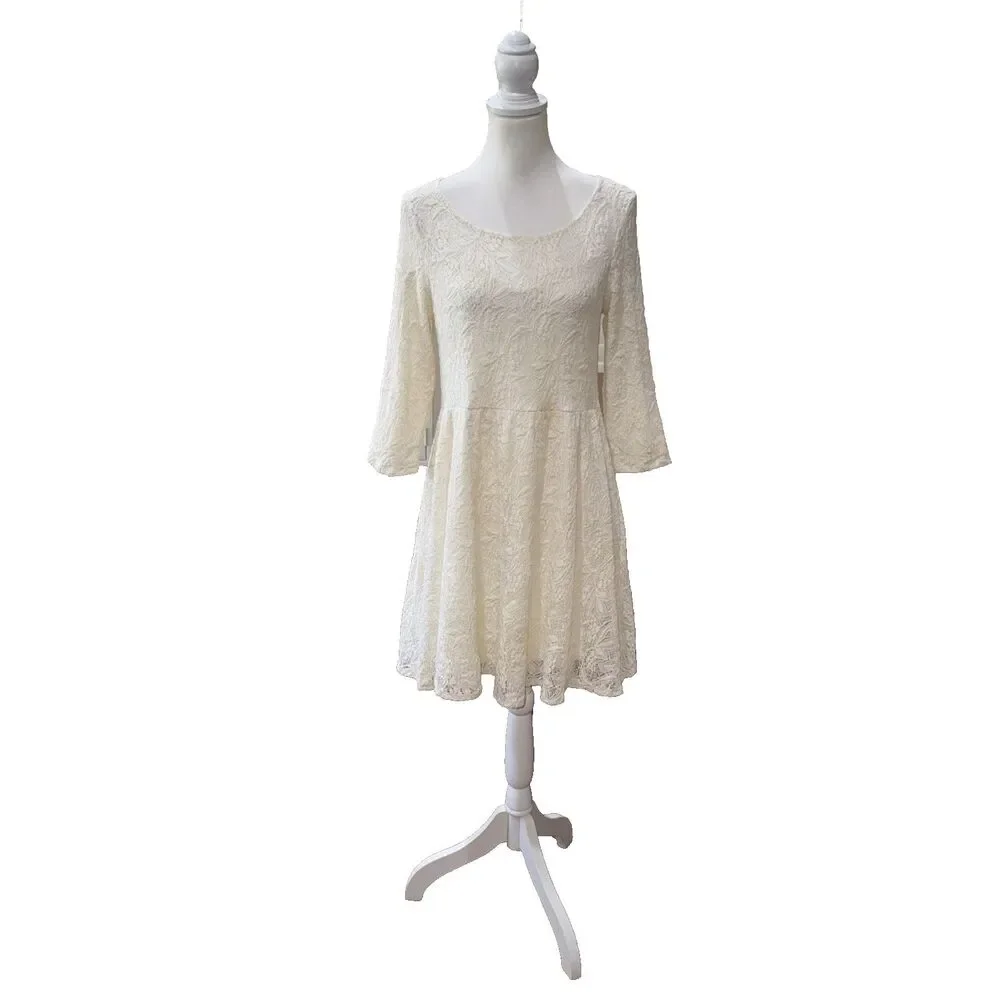 Free People Cream Lace Mini Dress 3/4 Sleeve Fit & Flare Boho Wedding Guest M